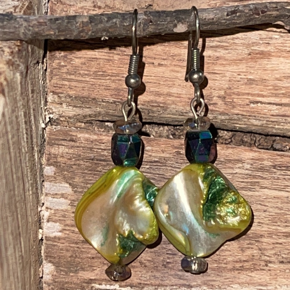 Artisan Organic Silvertone Mother of Pearl & Crystal Pierced Earrings